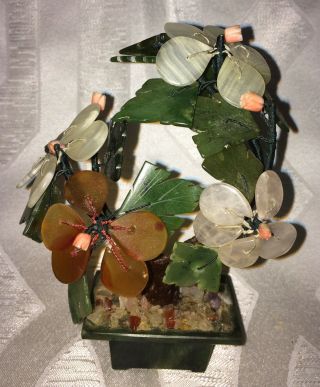 Oriental Asia China Jade Bonsai Tree Agate Glass Floral Sculpture Vintage Zen