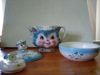 Rare Vintage Miss Priss Kitty Two Piece Candy Dish,  And Teapot