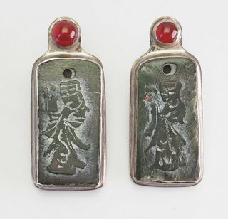 Designer Signed Sterling Silver Antique Carved Chinese Jade Carnelian Earrings