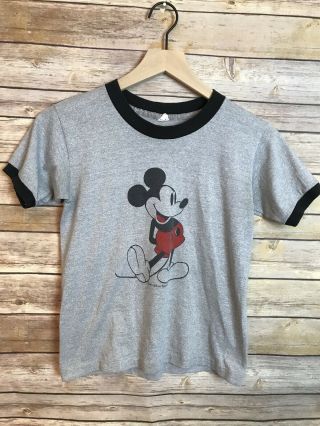 Vintage 80s Mickey Mouse Ringer T Shirt Heather Gray 50/50 Disney Single Stich
