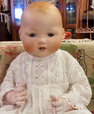 Antique 18 " German Bisque 351 Dome Head Character Baby Doll On Compo Body