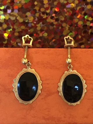 Antique 10k Gold Black Onyx Earrings Victorian Designer Signed Fmco Gemstone
