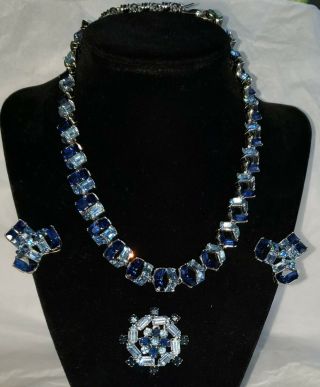 Vintage Bogoff Sapphire Blue Rhinestone Necklace Brooch Earrings Set