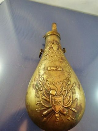 Vintage Brass Black Powder Flask Horn U.  S.  Eagle Shield Handshake As Found