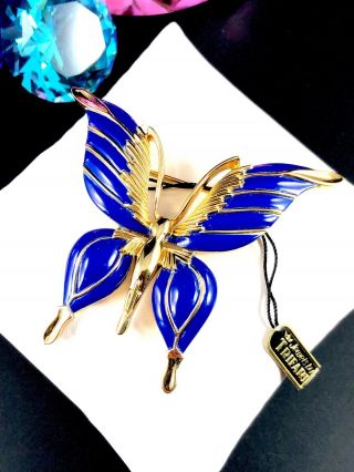 Old Stock W/tag Crown Trifari Gold - Tone Navy Blue Enamel Butterfly Brooch