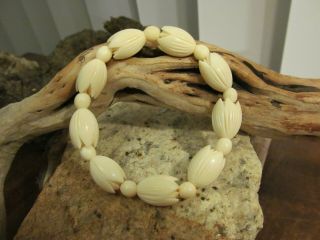 Carved Bovine Cow Bone Hawaiian Pikake Tulip Flower Head Beaded Stretch Bracelet