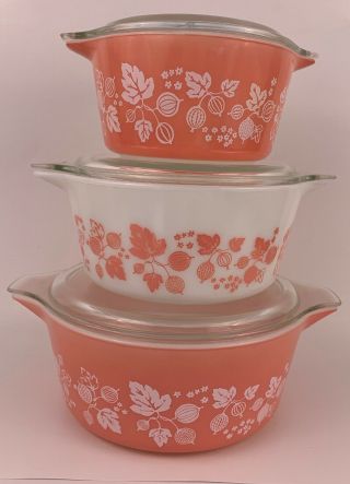 Vintage Set Of 3 Pyrex Pink Gooseberry Casseroles 473,  474,  475 With Lids
