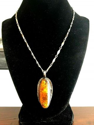 Vintage Large Sterling Silver Amber Pendant On 17 " Sterling Chain Necklace 925