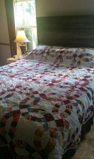 Vintage Handmade Wedding Ring Patchwork Quilt Queen Or Full Size 78x93