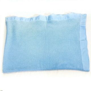 Vintage Baby Morgan Blanket Blue Thermal Waffle Weave Acrylic Trim Made In USA 2