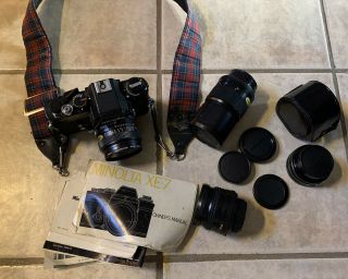 Vintage Minolta Xe - 7 35mm Film Camera With 3 Lenses And Accessories