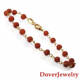 Italian Red Coral 18k Yellow Gold Beaded Link Chain Bracelet Nr