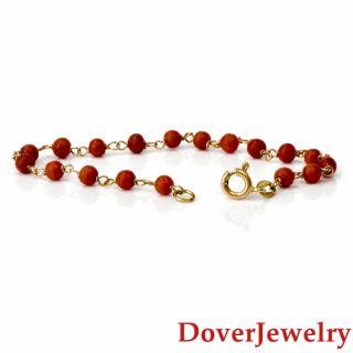 Italian Red Coral 18K Yellow Gold Beaded Link Chain Bracelet NR 5