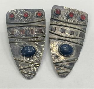 Vintage Sterling Silver Navajo Blue Lapis And Carnelian Stone Triangle Earrings