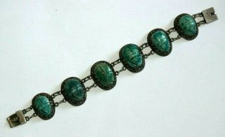 Vintage / Antique Sterling Silver Panel Bracelet With Faience Scarab.