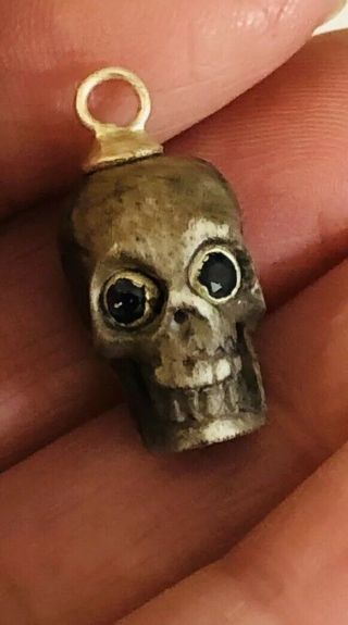 Antique Sapphire Eye Set Carved Antler Skull Pendant