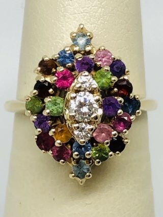 14k Yellow Gold Vintage Diamond Multi Colored Stone Cluster Ring