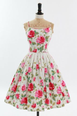 Vintage 1950s Pink Rose Border Print Cotton Dress Full Skirt Uk 6 Xs