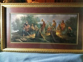 Antique/vtg Large 27 " X 15 " Tall Framed Picture Of Jesus Teaching His Disciples