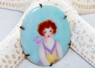 Antique Art Nouveau Hand Painted Porcelain Brooch Girl Child Brass Prong Set 3