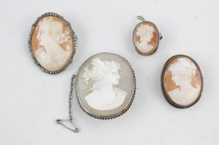 4 X Vintage.  800 &.  925 Sterling Silver Carved Shell Cameo Brooches (26g)
