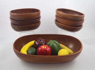 Vintage Danish Modern 7 Piece Large Oval Teak Salad Bowl Set