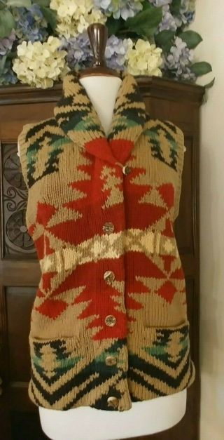 Vintage Polo Ralph Lauren Southwest Hand - Knit Shawl - Collar Wool Sweater Vest S
