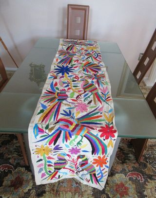 Vtg Mexican Otomi Embroidery Handmade Ethnic Mayan Art Table Runner 72 " X 16 "
