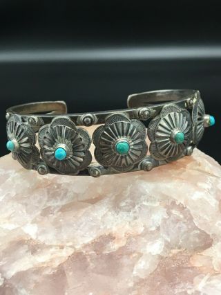 Vintage Old Pawn Navajo Sterling Silver Hand Stamped Turquoise Concho Bracelet