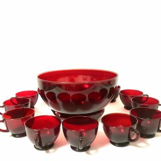 Anchor Hocking Royal Ruby Red Punch Bowl & Base 11 Cups Depression Glass Set Vtg