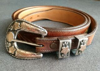 Vintage Mexico Sterling Silver Gold Ranger Style Belt Buckle Set W/ Leather Belt