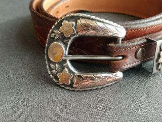 Vintage Mexico Sterling Silver Gold Ranger Style Belt Buckle Set W/ Leather Belt 2