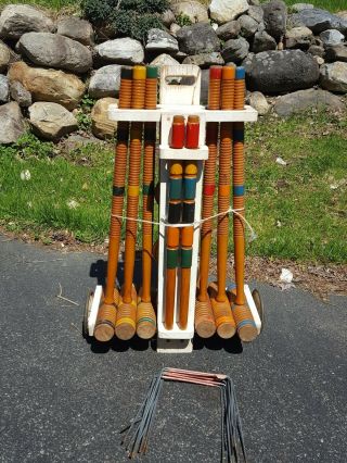 Vtg South Bend Croquet Set 6 Player 9 Wickets Great Colors Ribbed Balls