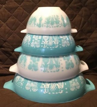 Vtg Pyrex Amish Butterprint Turquoise Set Of 4 Cinderella Nesting Mixing Bowls