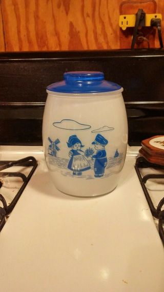 Vintage Bartlett Collins Cookie Jar Dutch Boy And Girl White Blue Glass