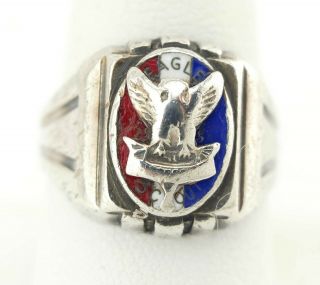 Vtg Sterling Silver Old Boy Scouts of America Eagle Mens Art Deco Ring sz 9 2