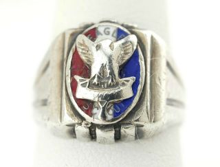 Vtg Sterling Silver Old Boy Scouts of America Eagle Mens Art Deco Ring sz 9 4