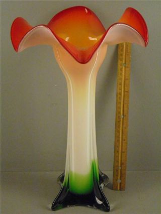 Vintage Art Glass Trumpet Lily Cased Glass Multi Color Vase 14  High