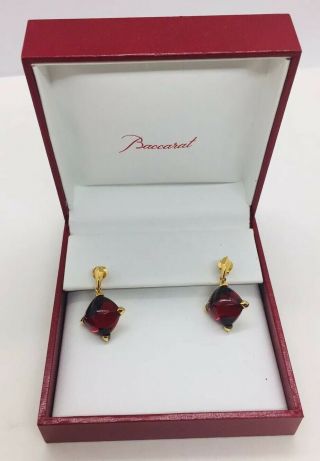 Baccarat France Vintage Sterling Silver Gold Vermeil Red Crystal Dangle Earrings