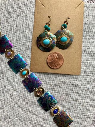 Holly Yashi Gf Vintage Signed Bracelet And Earrings W/ Turquoise,  Opal,  Lapis Etc.