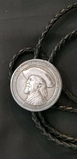 Rare Custom Buffalo Bill Museum Wyoming Sterling Silver Coin Bolo Cowboy 3d Tip