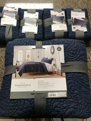 Threshold Vintage Blue/navy Chambray Stitched Quilt Full/queen With 4 Shams