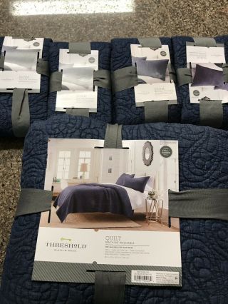Threshold Vintage Blue/NAVY Chambray Stitched Quilt Full/Queen With 4 Shams 2