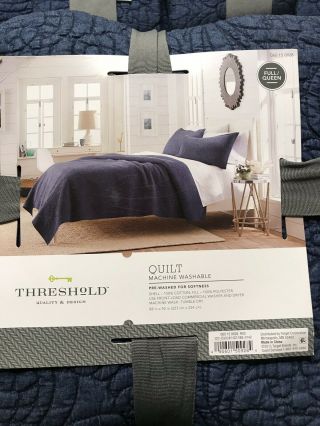 Threshold Vintage Blue/NAVY Chambray Stitched Quilt Full/Queen With 4 Shams 3