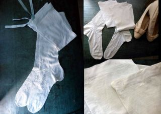 1890 French Wedding Silk Stockings W Embroidery & Ribbons By Aucoc Paris