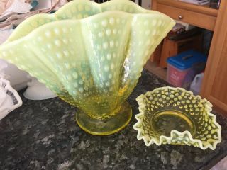 Vintage Fenton Hobnail Large Vaseline Yellow Opalescent Glass Fan Vase,  Bon Bon