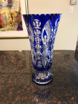 Vintage Bohemian Czech Cut Crystal Vase Cobalt Blue Cut To Clear 14 "