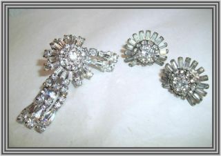 Sherman 1940s Clear Color - Domed Cluster & Triple Pendant Motif Brooch Set Nr