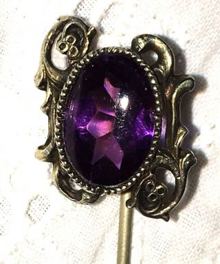 Antique Sterling Silver Amethyst Glass Stick Pin Hat Floral Victorian