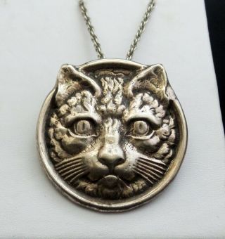 Vintage Sterling Silver Cat Face Pin Pendant Necklace